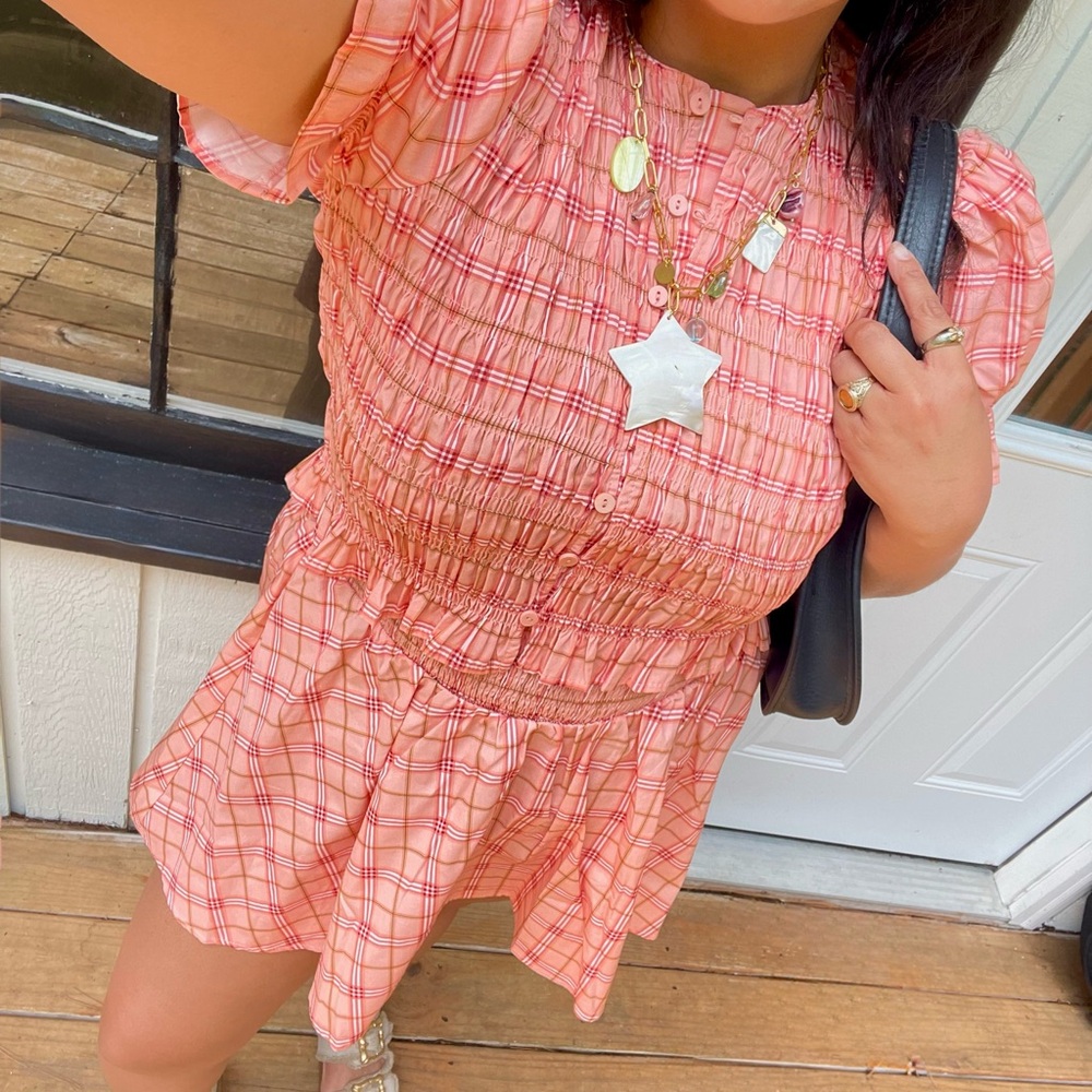 Peach Plaid Smocked Mini Dress | Reclaimed Vintage